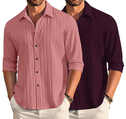 Deelmo Combo Of MenS Casual Button Down Shirts Long Sleeve Linen Shirt Fashion Textured Summer Shirts Pack Of 2