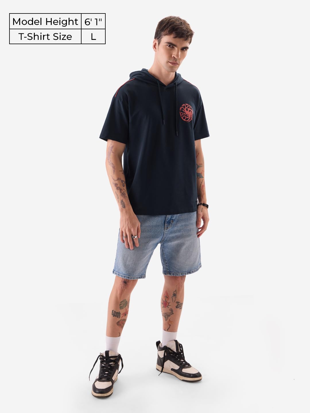 The Souled Store Official House of The Dragon: Caraxes Men and Boys Navy and Red Graphic Print Short Sleeve Hooded Neck 100% Cot