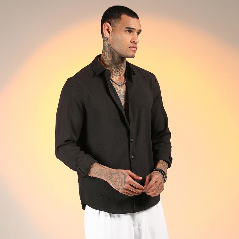 Campus Sutra Mens Midnight Black Solid Seersucker Shirt for Casual Wear | Spread Collar | Long Sleeve | Button Closure | Shirt