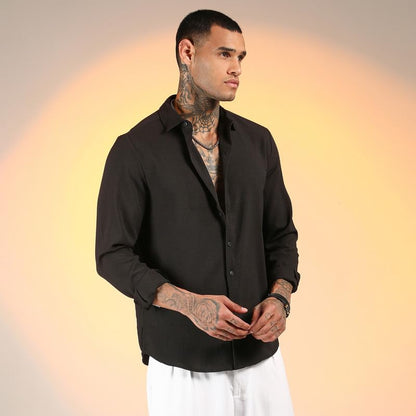 Campus Sutra Mens Midnight Black Solid Seersucker Shirt for Casual Wear | Spread Collar | Long Sleeve | Button Closure | Shirt