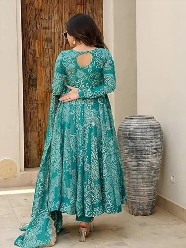 Pinkmint Womens Bandhani Print Flared Anarkali Muslin Kurta Set with Pant & Stylish Dupatta Ethnic Long Sleeve Dress Suit Set T