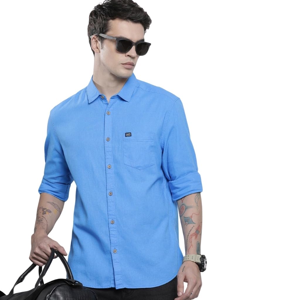 The Indian Garage Co Men Blue Solid Slim Fit Linen Casual Shirt