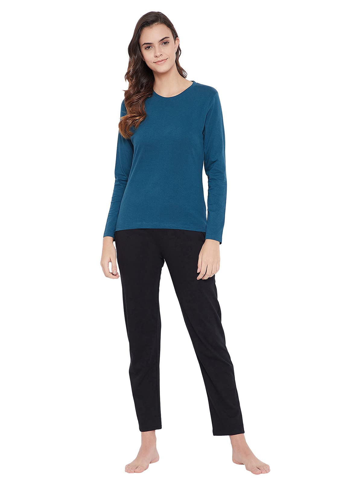 Clovia Womens Cotton Chic Basic Full Sleeve T-Shirt (LT0152P36_Blue_XL)