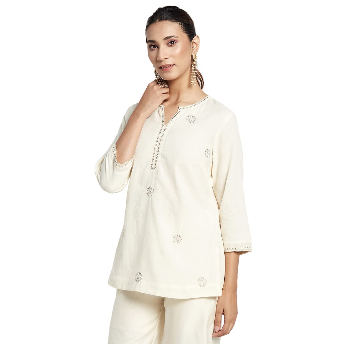 Fabindia Women Cotton Embroidered Short Kurta Natural