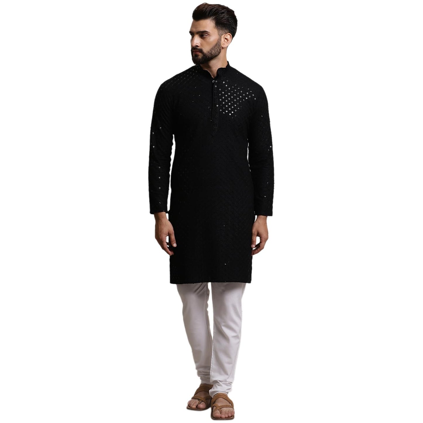 SOJANYA (Since 1958 Men's Pure Cotton Black Sequence Kurta & White Pyjama Set