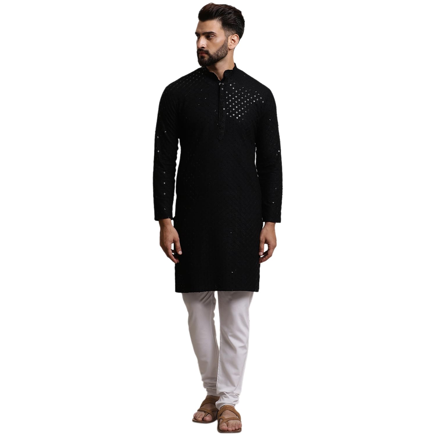 SOJANYA (Since 1958 Men's Pure Cotton Black Sequence Kurta & White Pyjama Set