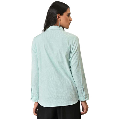 W Light Blue Textured Cotton Shirt-Style Top for Women