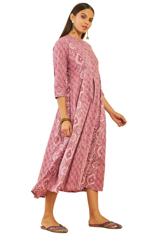 Soch Womens Onion Pink Cotton Floral Print Flared Dress With Gota Patti Work