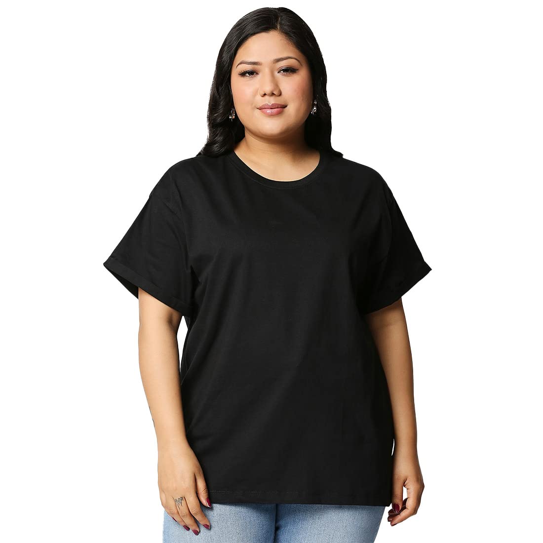Bewakoof Womens Solid 100% Cotton Plus Size T-Shirt - Boyfriend Fit, Round Neck, Half Sleeve