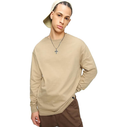 Bewakoof Mens Solid 100% Cotton T-Shirt- Loose Fit, Round Neck, Full Sleeves Brown