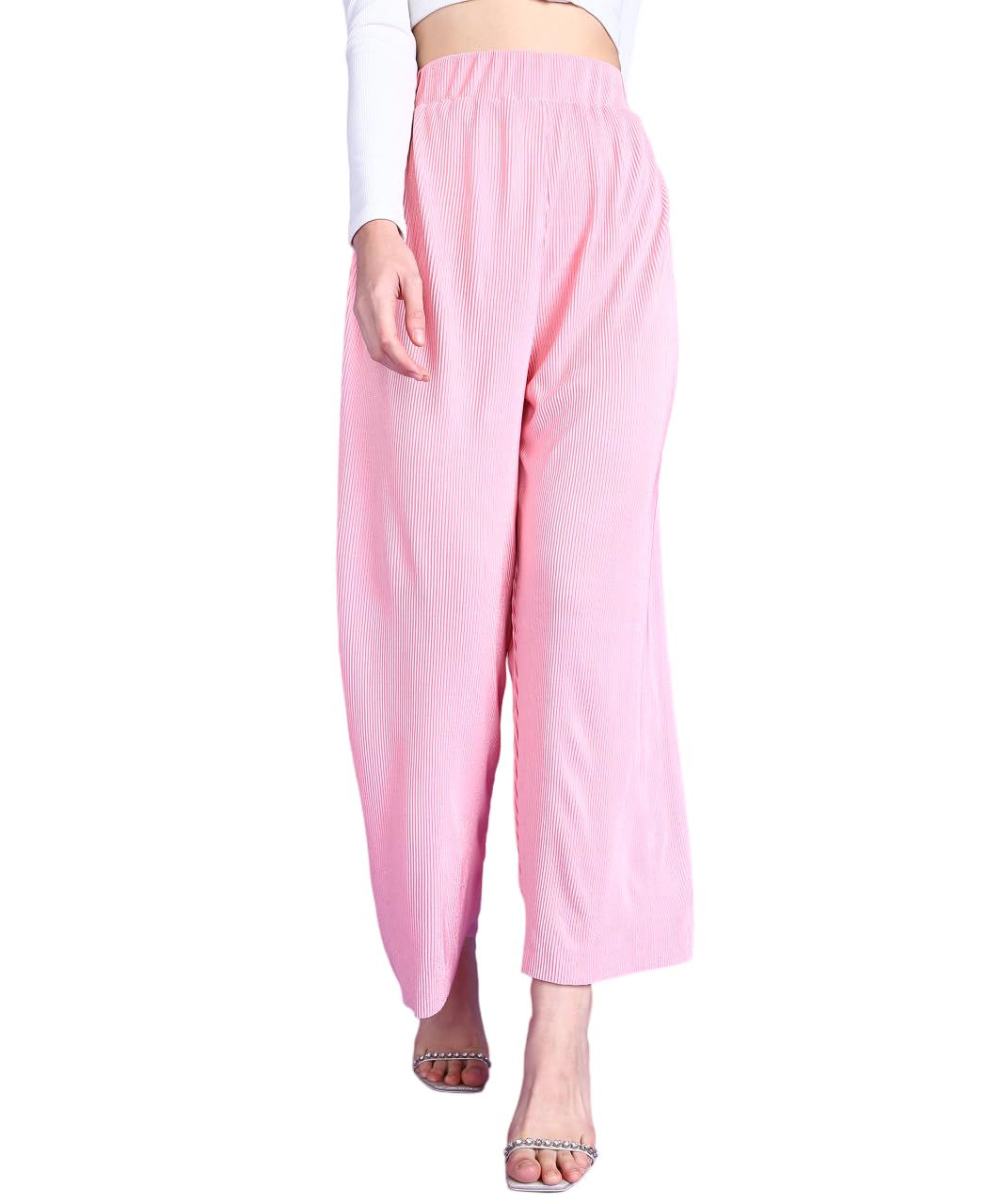 POPWINGS Casual Self Design Wrinkle Shimmer Trouser for Women || Pull On Trouser for Women || High Rise Loose Fit Women Trouser