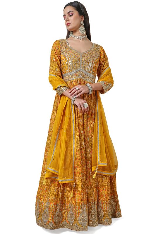 Soch Womens Mustard Floral Print Chinon Blend Alia Cut Gown with Sequins
