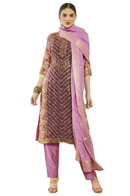 Soch Womens Magenta Brocade Bird Print And Zari Woven Suit Set With Dupatta