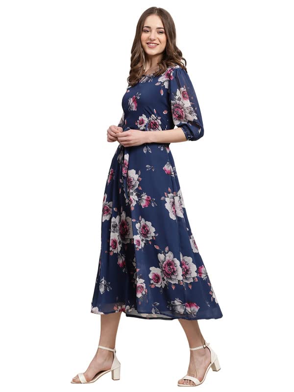 Preneum WomenS Maxi Fit & Flare Latest Style Print Georgette Regular Sleeves Casual Dress |Summer Dress Festival & Occasion Max