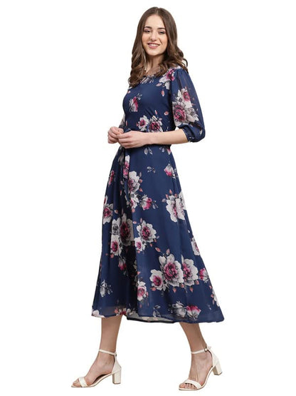 Preneum WomenS Maxi Fit & Flare Latest Style Print Georgette Regular Sleeves Casual Dress |Summer Dress Festival & Occasion Max
