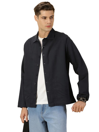 Thomas Scott Oversized Linen Double Pocket Solid Shirts for Mens Navy Blue
