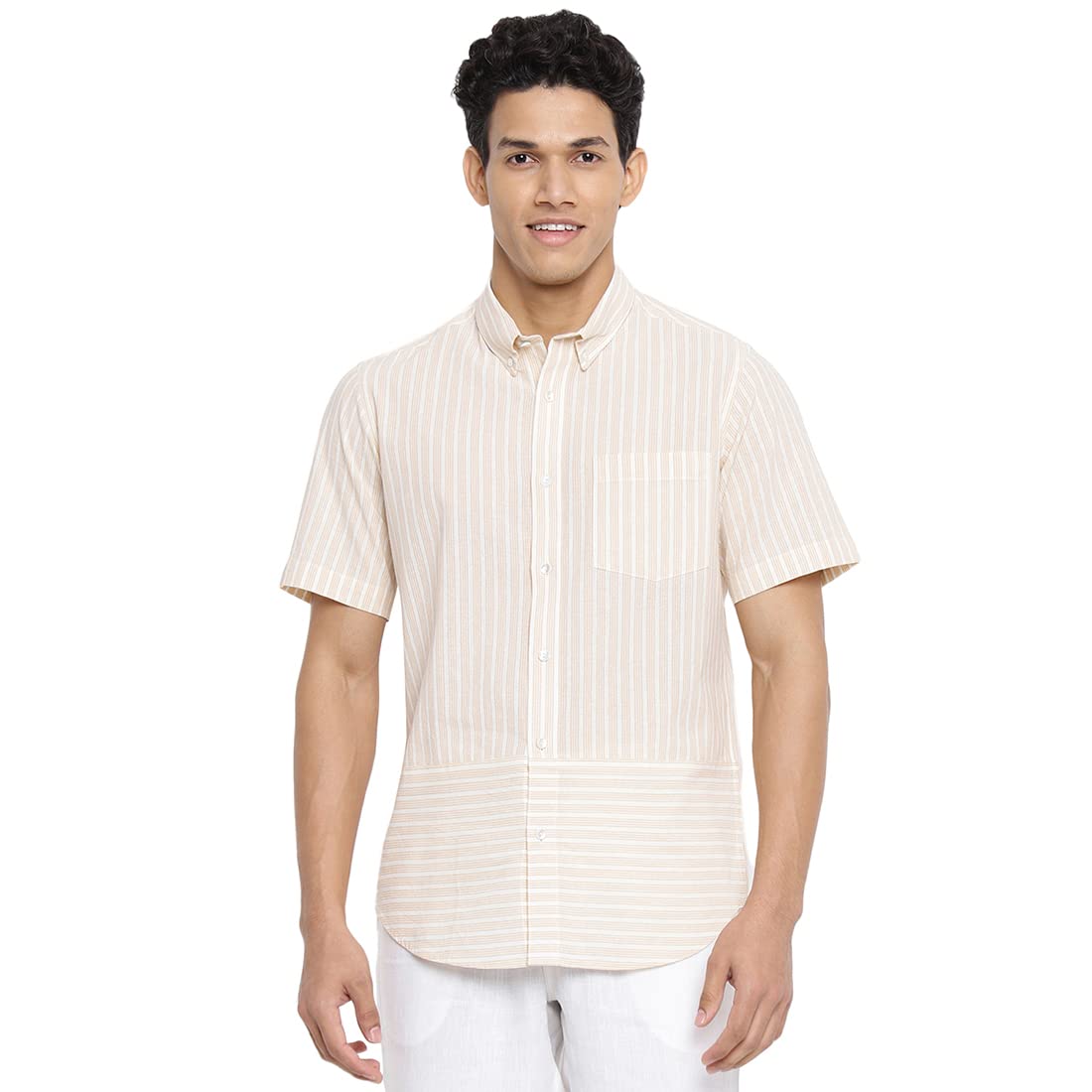 Fabindia Men Cotton Regular Collar Shirt Beige_S