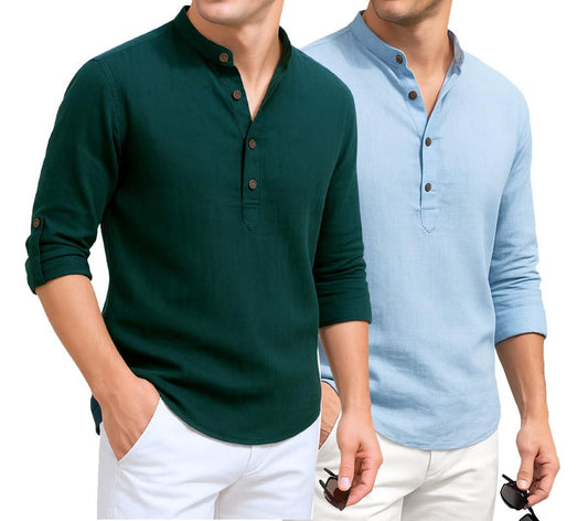 Deelmo Combo Of MenS Cotton Blend Solid Regular Fit Full Sleeve Short Kurta | MenS Trendy Short Kurta Pack Of 2