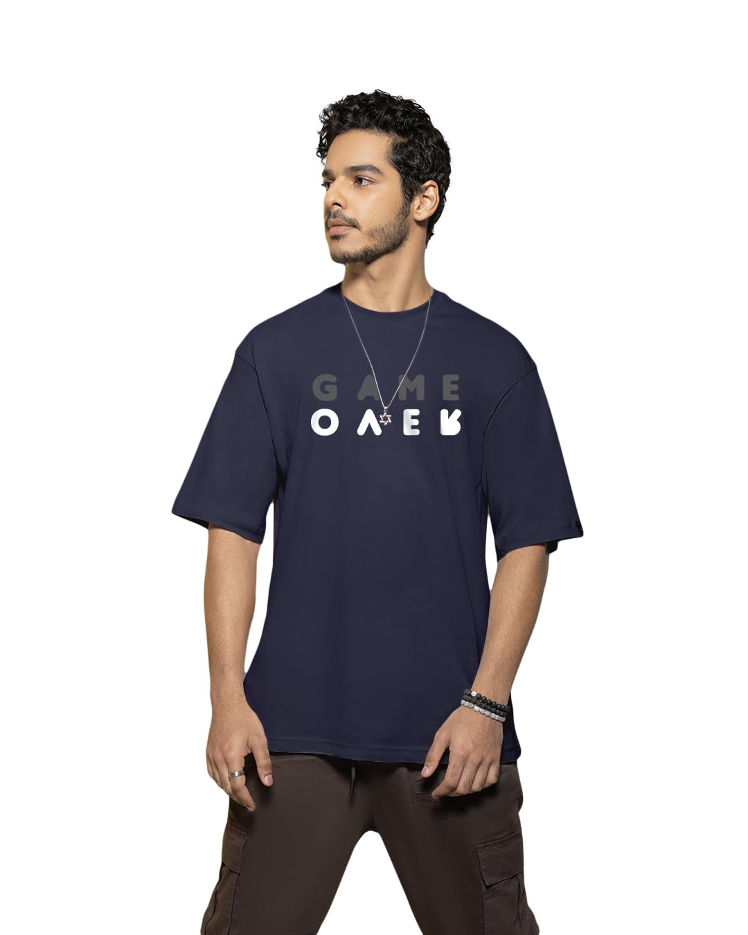 Bewakoof Mens Typography 100% Cotton T-Shirt - Oversized Fit, Round Neck, Half Sleeves Blue