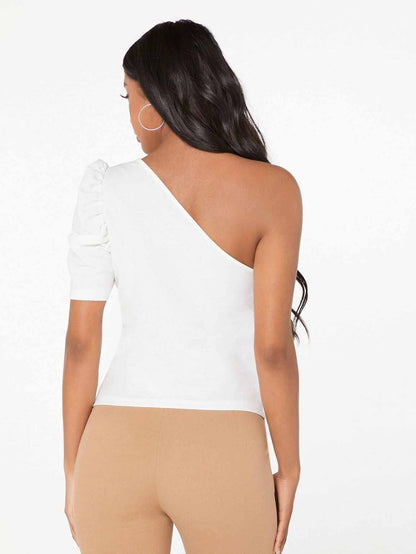 Shasmi Womens & Girls White Short Puff Sleeve, One Shoulder Neck, Ruched Bust Solid Tops for Women/Tops, T-Shirts for Girls (T