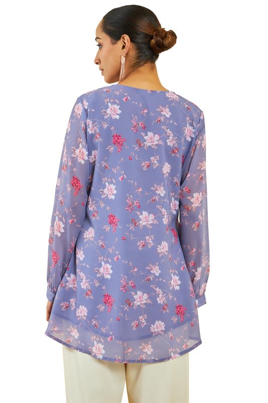 Soch Womens Purple Georgette Floral Print A-Line Tunic with Pintucks