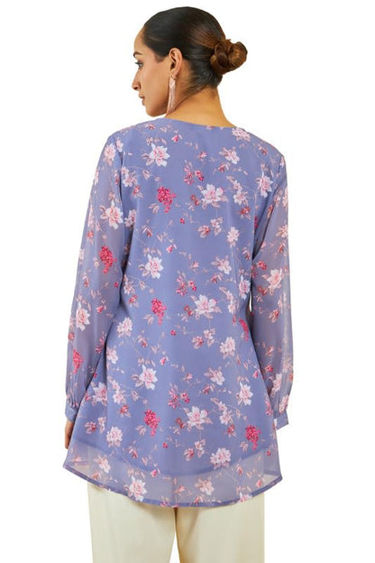 Soch Womens Purple Georgette Floral Print A-Line Tunic with Pintucks
