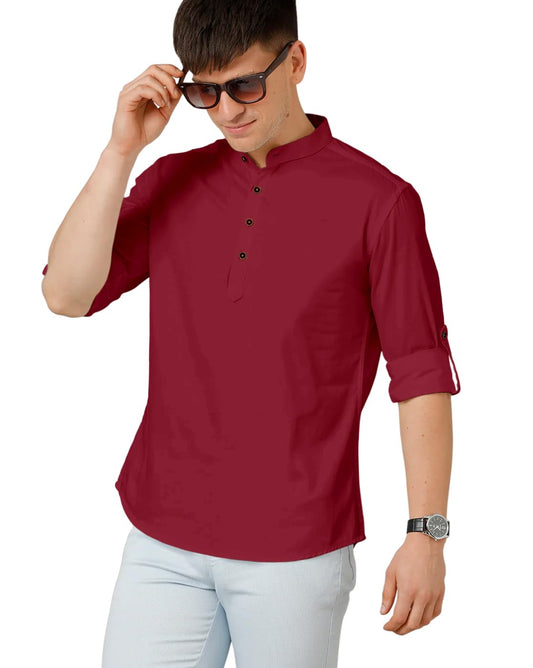 Zombom MenS Cotton Blend Solid Regular Fit Casual Mandarin/Chinese Collor Short Kurta Maroon