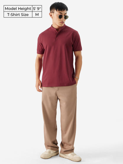 The Souled Store Solids: Rhubarb Men and Boys Short Sleeve Collared Neck Cotton Blend Regular Fit Mandarin Polos
