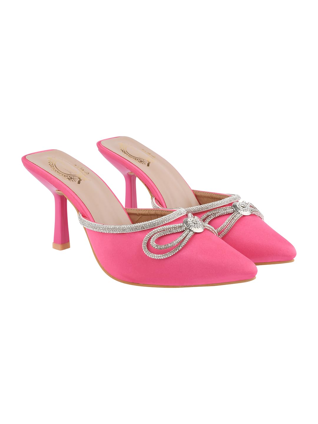 Shoetopia WomenS Pink Elegant Ivory Satin Mule Heels With Crystal Bow  Pointed Toe Slip-On Dress Rhinestone For Party Or Evenin