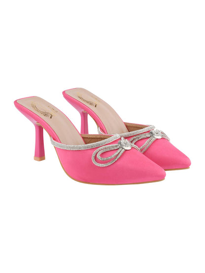 Shoetopia WomenS Pink Elegant Ivory Satin Mule Heels With Crystal Bow  Pointed Toe Slip-On Dress Rhinestone For Party Or Evenin
