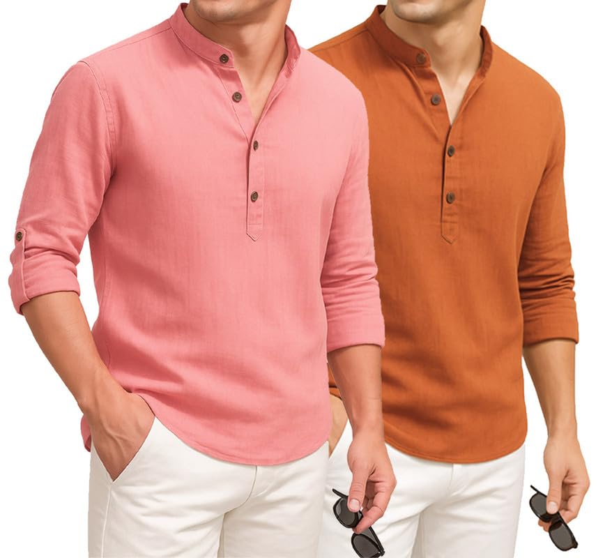 Deemoon Combo Of MenS Cotton Blend Solid Regular Fit Full Sleeve Short Kurta | MenS Trendy Short Kurta Pack Of 2 (Available In