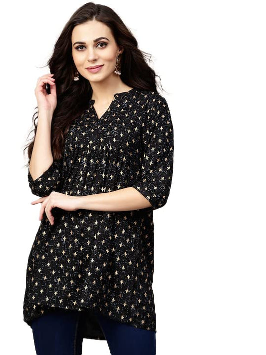 Yashika Womens Rayon Printed Black Color Short Kurti