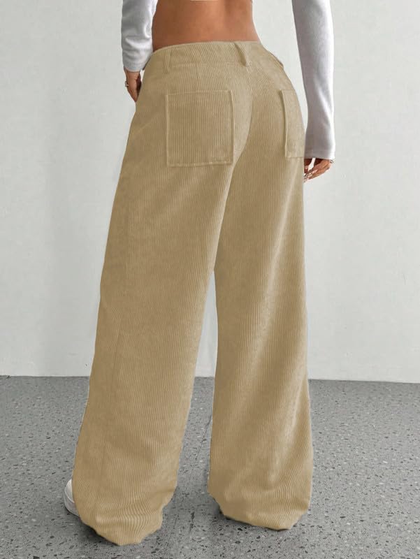 SMOWKLY Womens Aesthetic Cotton-Blend Wide Leg Pants with Pocket || Loose Comfy Elastic Waist Corduroy Textured Casual Work Tro