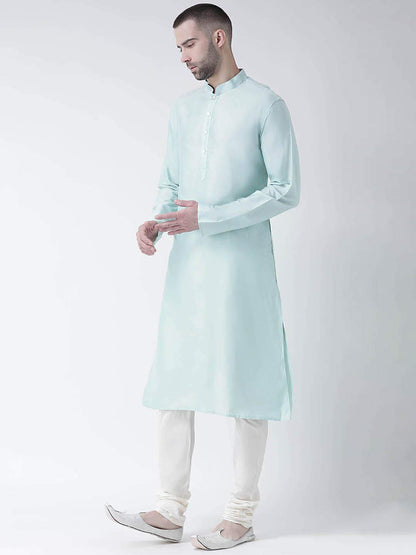 Kisah Cotton Blend Turquoise Blue Kurta For Men, Full Sleaves, Knee Length, Straight, Regular Fit, Mandarin Collar, Geometric Em