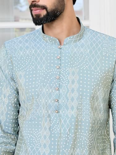 See Designs Mens Full Sleeve Mandarin Collar Grey Embossed Printed and Foil Printed Straight Long Kurta with Pyjama - Festive C