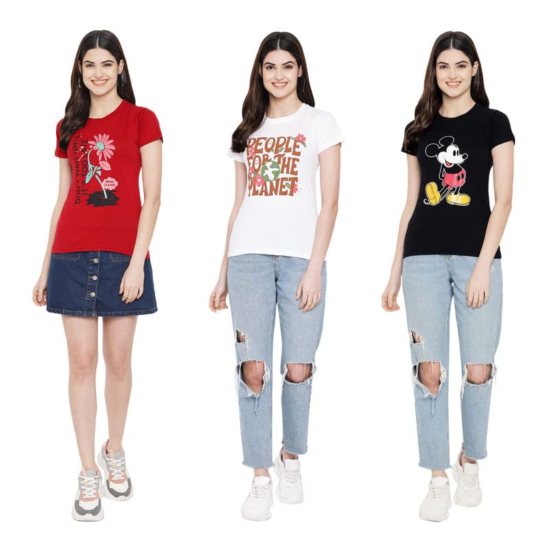 Preneum Womens Cotton Regular Fit Latest Graphic Stylish Printed Short Sleeves Casual T-Shirt || Trending & Styles (Pack 3), Re