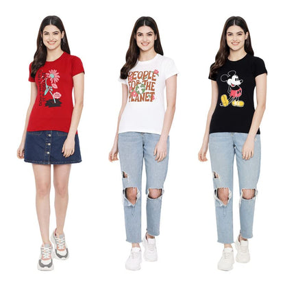 Preneum Womens Cotton Regular Fit Latest Graphic Stylish Printed Short Sleeves Casual T-Shirt || Trending & Styles (Pack 3), Re