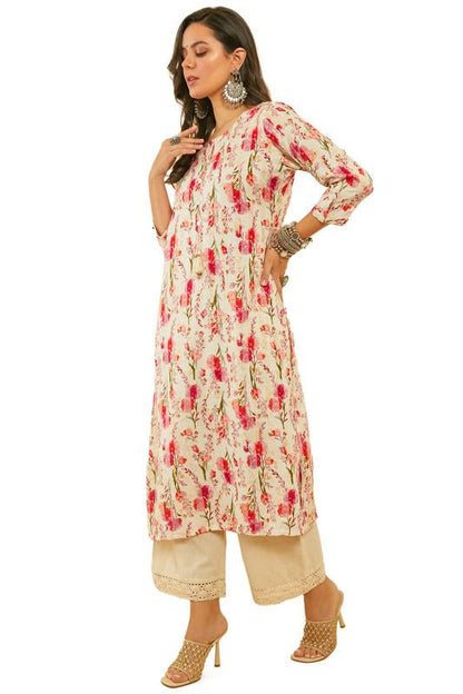 Soch Womens Fuchsia Straight Floral Print Rayon Kurta with Kantha Weave