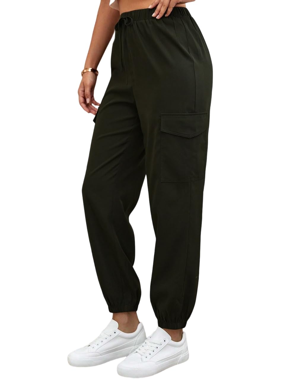 TAGAS Womens Solid Flap Pocket Side Drawstring Waist Cargo Pants || Cargo for Women