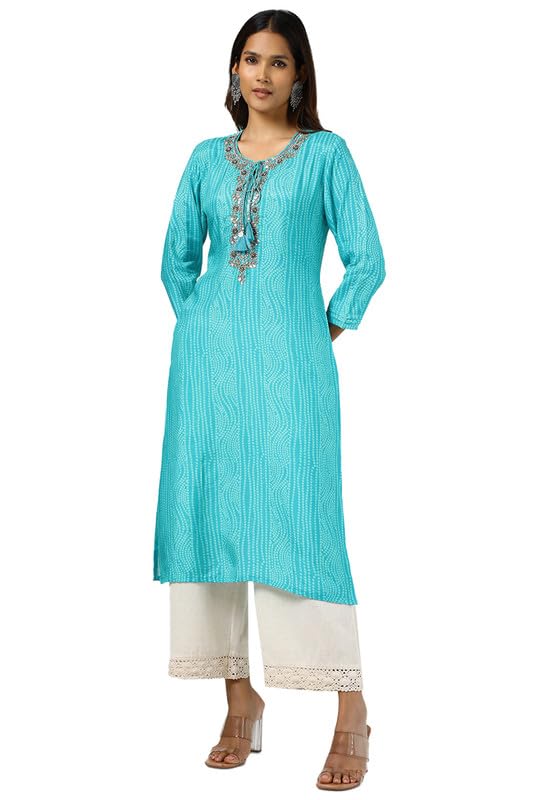 Soch Womens Turquoise Blue Viscose Muslin Bandhani Print Kurta with Sequins
