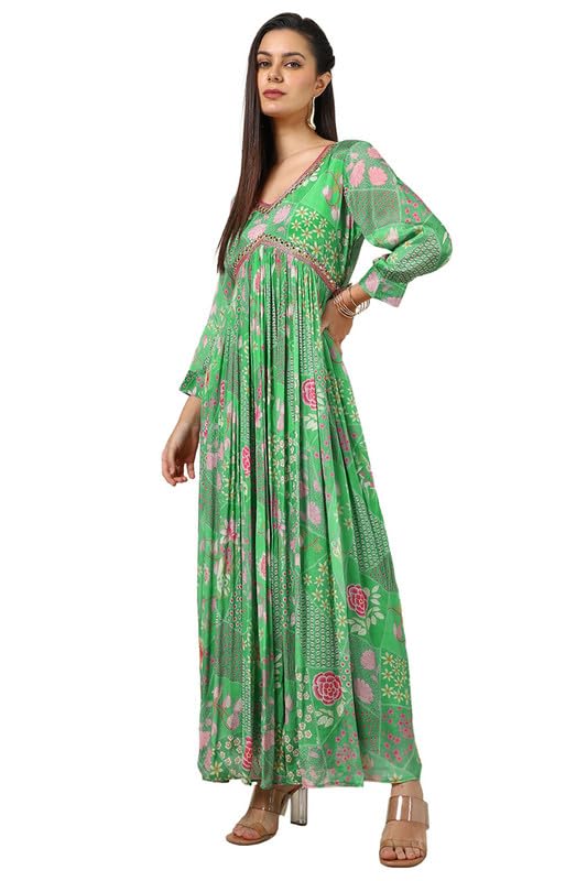 Soch Womens Light Green Chinon Floral Print Dress With Faux Mirror And Sequins