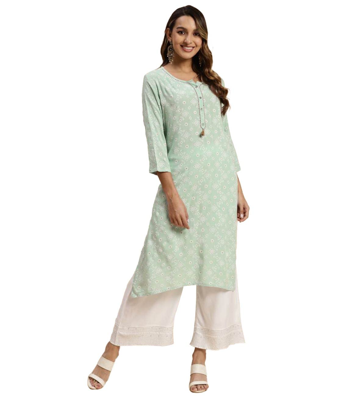 rangita Mint Green Rayon Calf Length Printed Straight Kurti for Women | Kurta for Women