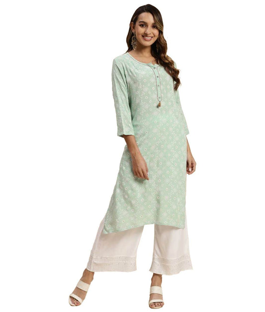 rangita Mint Green Rayon Calf Length Printed Straight Kurti for Women | Kurta for Women