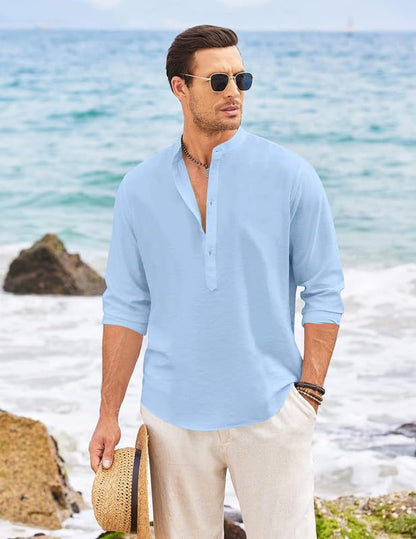 Macsivo MenS Casual Cotton Polyester Blend Long Sleeve Henley Short Kurta | Lightweight Summer Kurta Sky