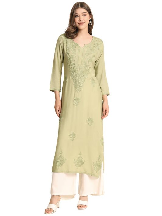 VAIRAGEE Womens Rayon Straight Cut Round Neck Kurta with Beautiful Lucknowi Chickenkari Work (1593) Olive Green