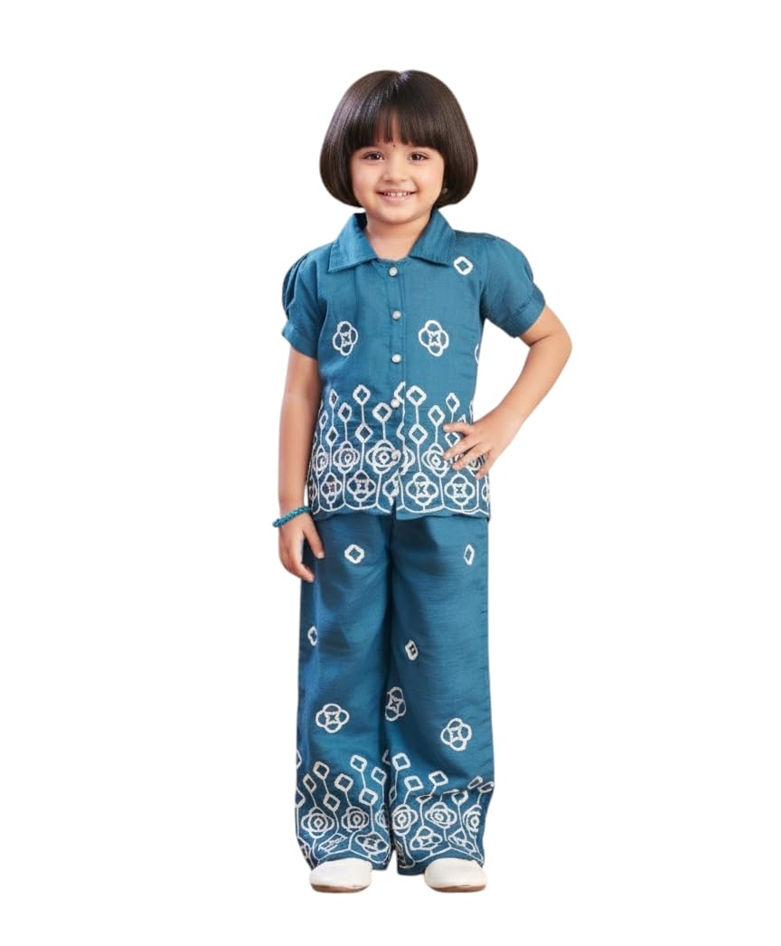 Aarika Girls Casual Wear Teal Blue Colour Thread Embroidery Cotton Co-Ord Set-(3-9 Years)-(Oct_Dr-42509-T-Blue-26)