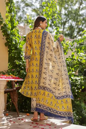 GoSriKi Womens Cotton Blend Straight Printed Kurta with Pant & Dupatta (Uchiha Mustard-GS_M_Mustard_Medium)