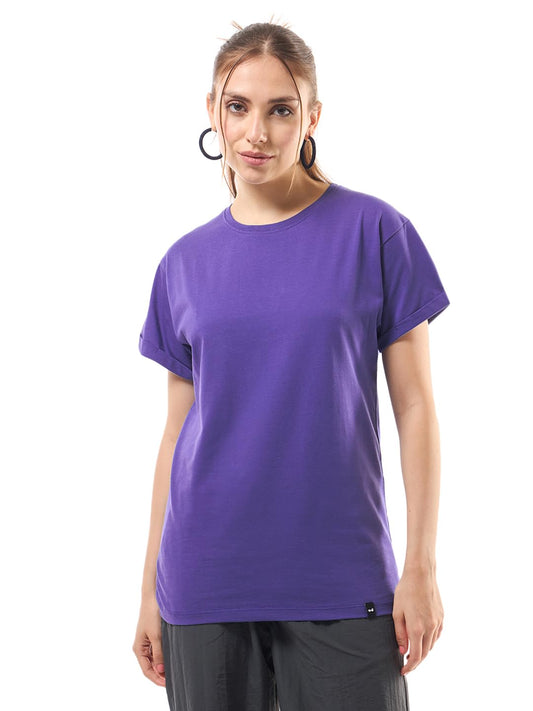 Bewakoof Womens Solid Boyfriend Fit Half Sleeve Round Neck Cotton Jersey T-Shirt_616050_Blue_S