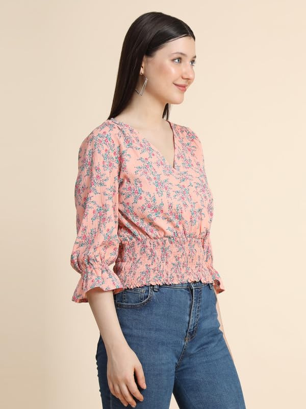 Toochki Womens Peach Cotton Blend Floral Cinched Waist Western Top | Winter Top | Western Top | Top for Women | Latest Women To