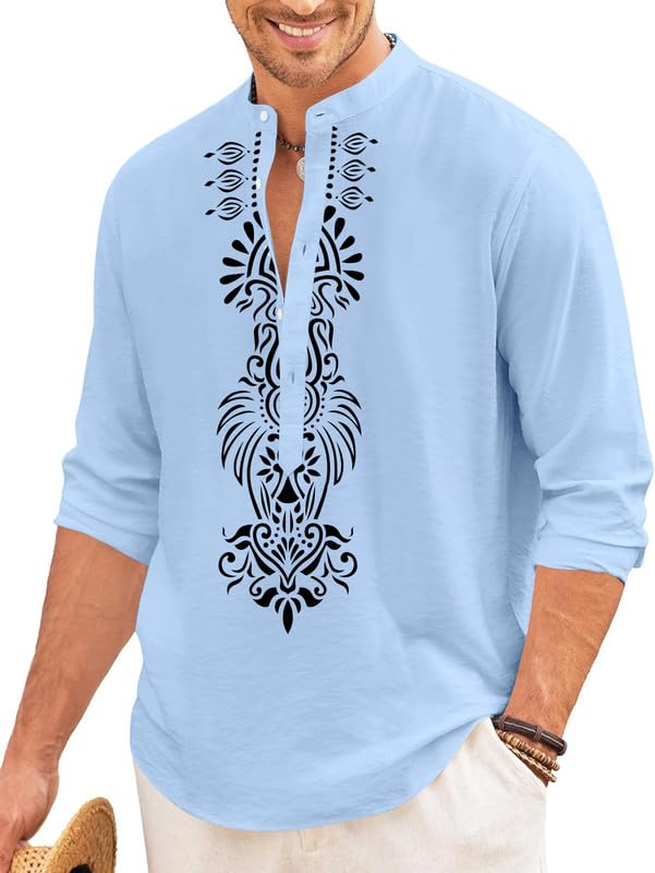 Finivo Fashion MenS Cotton Blend Short Kurta With Bold Printed Front Design | Full Sleeve Ethnic Casual Kurta With Mandarin Coll
